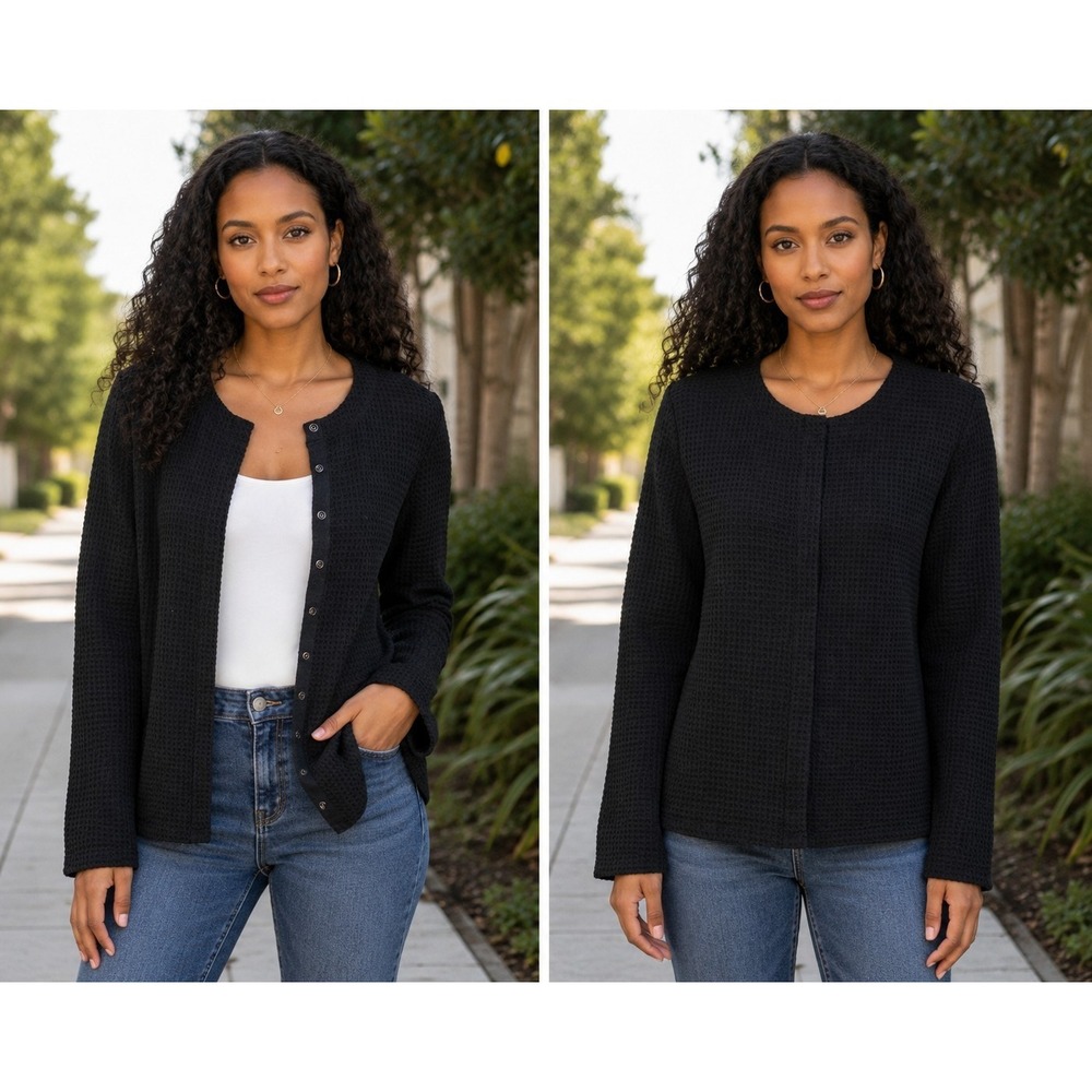 Eileen Fisher Waffle Knit Snap Front Cardigan Jacket Minimalist Black Sz Small